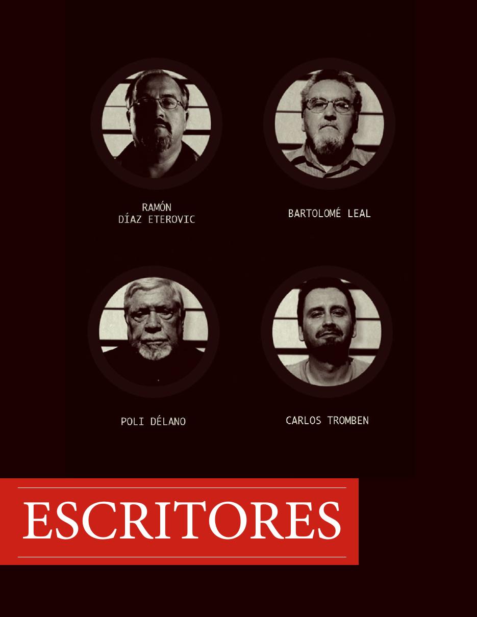 Retratos de Ramón Díaz Eterovic, Bartolomé Leal, Poli Délano y Carlos Tromben en el press kit de Puzzle Negro